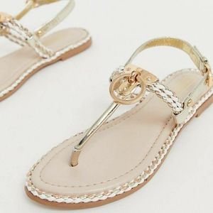 White and gold T-strap rope sandals